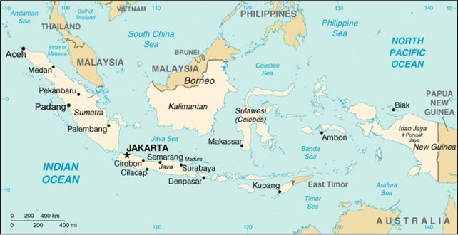 Map of Indonesia Archipelago, including surrounding countries.