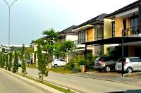 A street of two-story residential houses, all with cars parked in front of the buildings