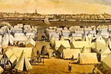 Drawing of a cartoon canvas town during the Gold Rush