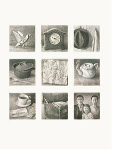 Grid of nine photos featuring household items of a family new to Australia; items such as clocks, hats, teacups and frying pan