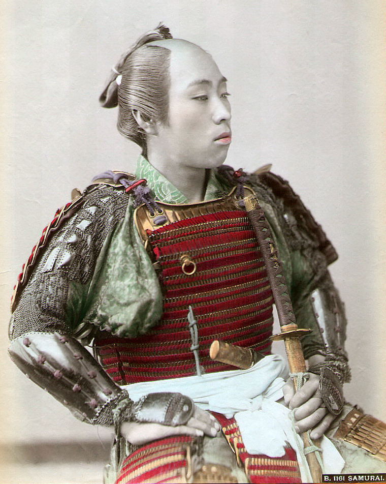 Japanese samurai, hand coloured albumen, circa 1890, public domain