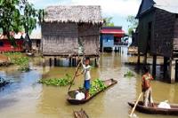 Two boys on canoes in a flooded village