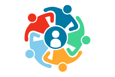 Five different coloured people in a circle around a central person figure