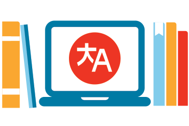 Books next to computer screen with language icon on