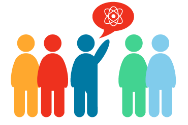 Five people with speech bubble over one in the middle