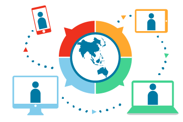 Map of Asia and Australia surrounded by four people in digital screens