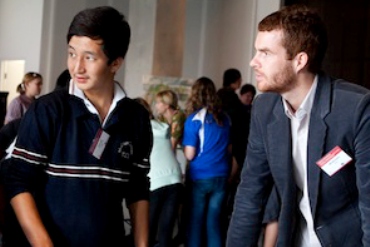 An Asia Literacy Ambassador talks with students